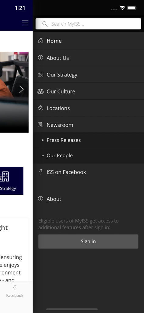 MyISS - MyISS従業員アプリのサイドバーナビゲーションメニューには、会社のニュースとリソースへのリンクが表示されています。