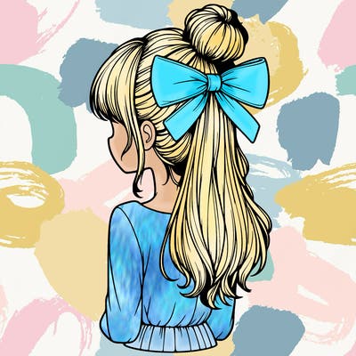 realistic girl  with hip length hair a bun and a big bow on the back of head