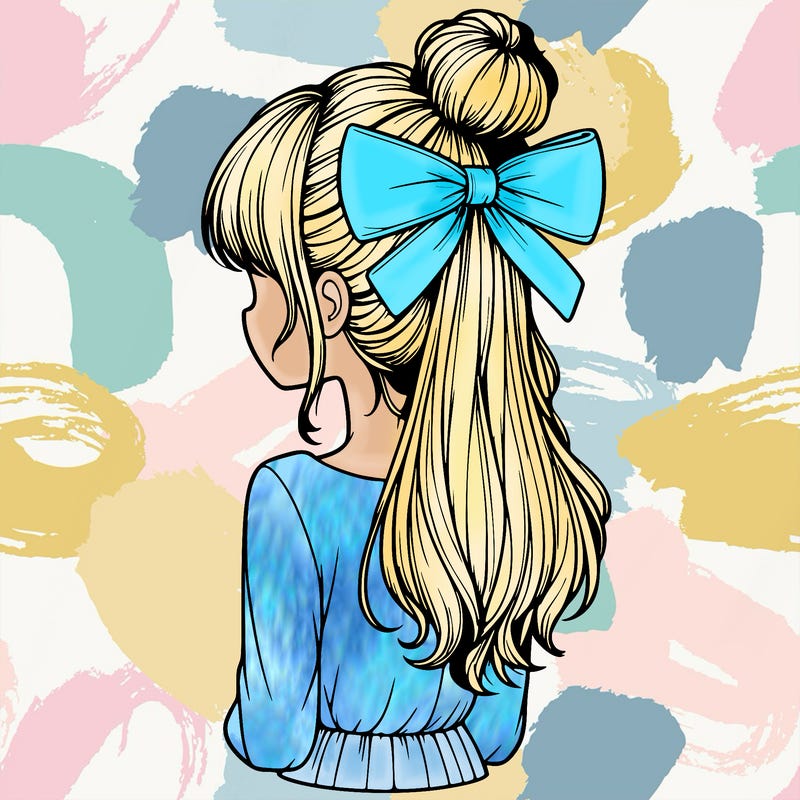 realistic girl  with hip length hair a bun and a big bow on the back of head