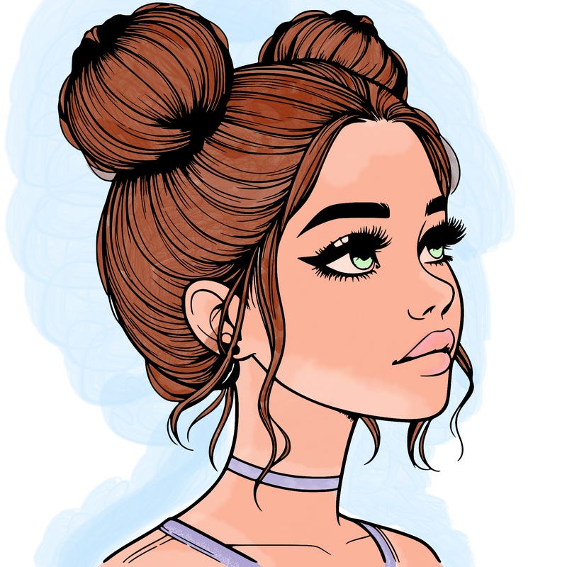 realistic girl with buns on the top of her head