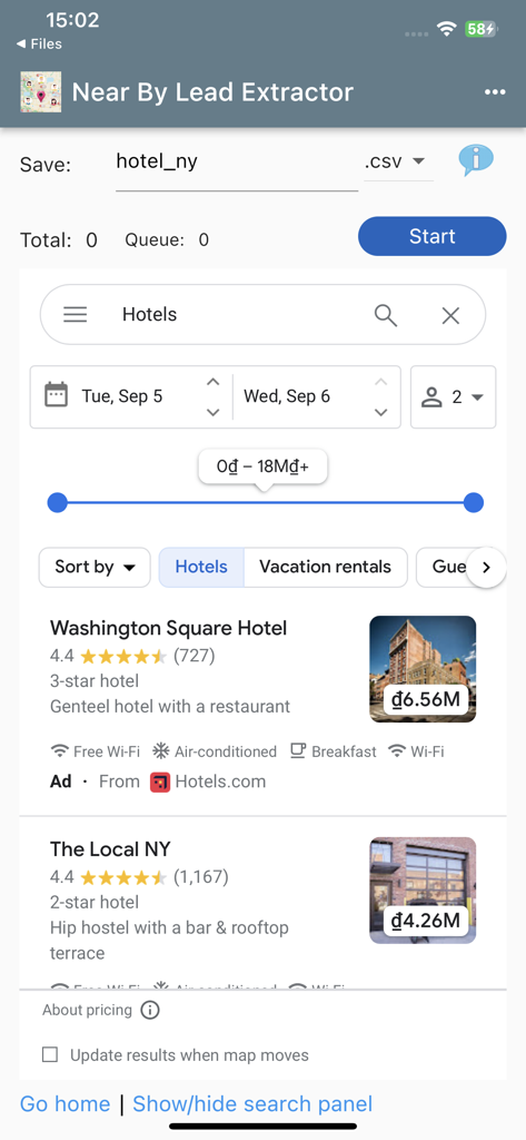 Near By Lead Extractor app interface showing hotel search results and CSV export setup
