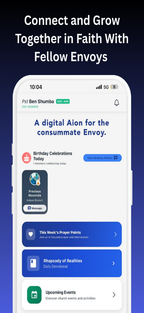 Envoys - The home screen of the Envoys church app featuring prayer points daily devotionals and upcoming events