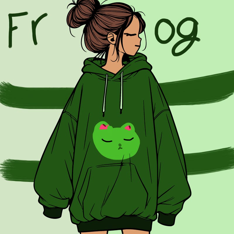 realistic girl with a oversized sweatshirt on and a bun