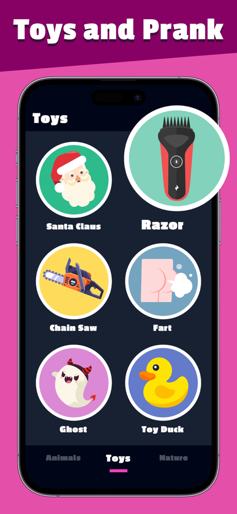 Mobile app screenshot showing a soundboard with prank icons like a razor chainsaw and farting sound