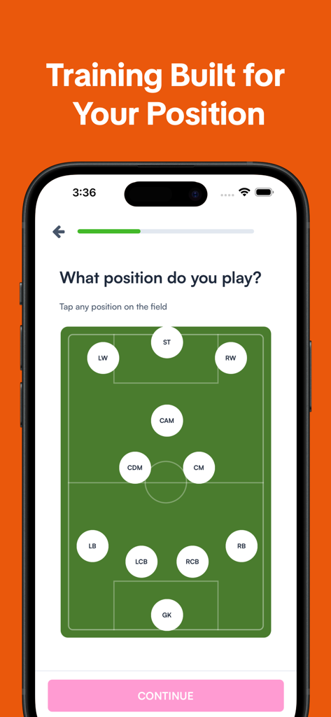 Footwork: Train Soccer Better - A soccer app interface showing a field where players can select their position to receive personalized training plans.