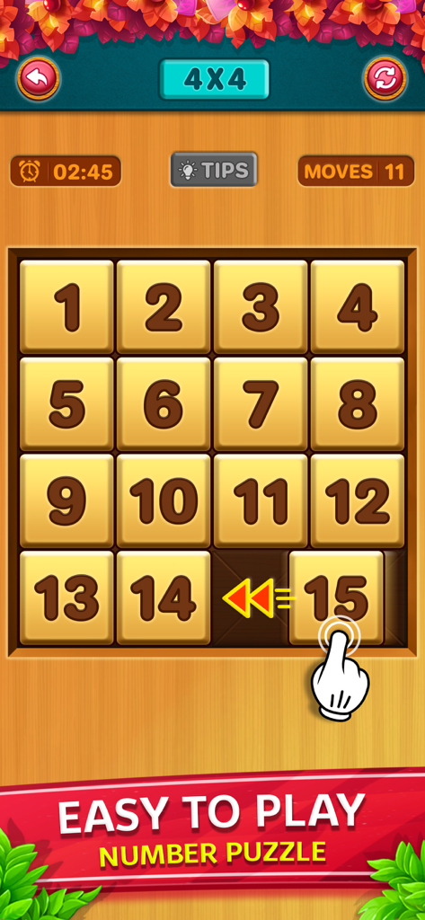 Classic Number Game -Numpuzzle - Un puzzle deslizante de números de 4x4 con fichas de madera y un icono de mano demostrando un movimiento