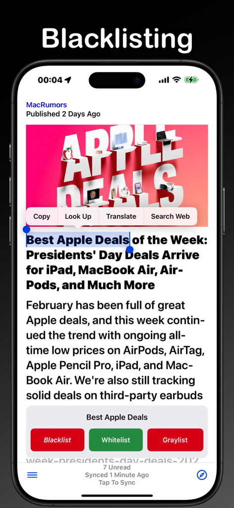 Screenshot of the RSS Filter app showing how to blacklist a selected keyword from a news article