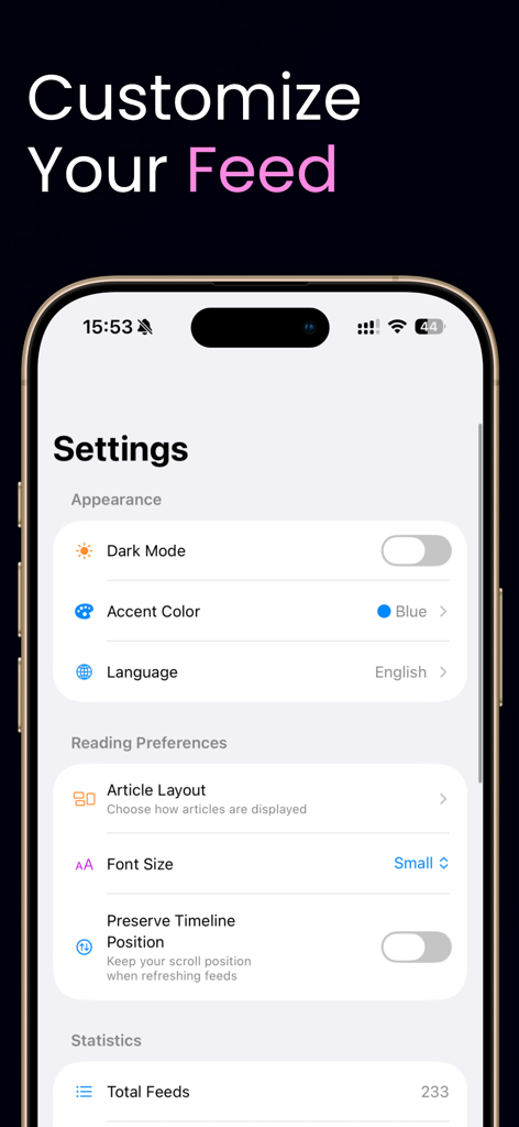 Simplio RSS Reader app settings screen showing customization options for dark mode accent color and reading preferences
