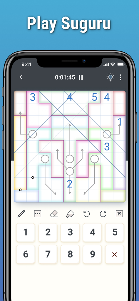 Suguru & Variants by Logic Wiz - Gameplay screen of Suguru and Variants by Logic Wiz showing a logic puzzle grid with numbers and variant lines on a mobile phone.