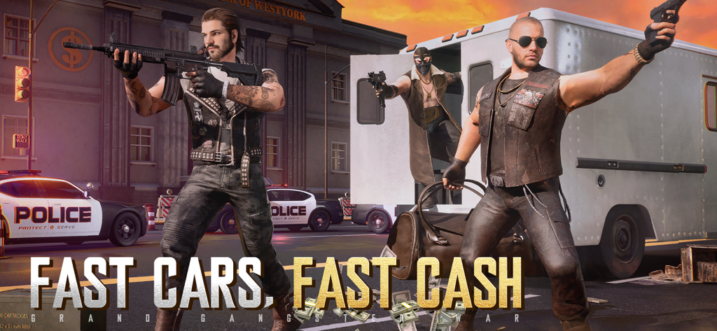 Grand Gangster War - Armed gangsters standing by a police car and money bags during an urban heist.