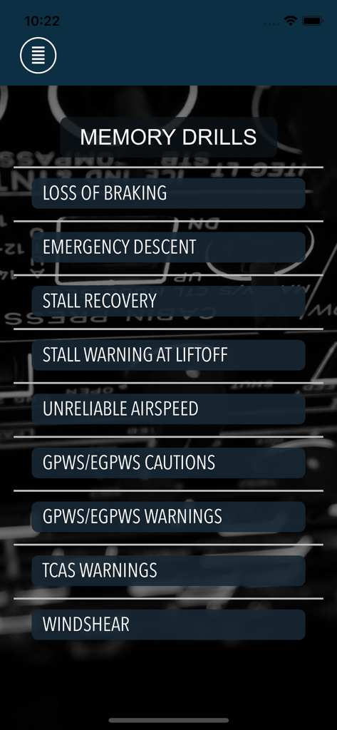 A menu of aviation memory drills for the Airbus A320 including stall recovery and emergency descent