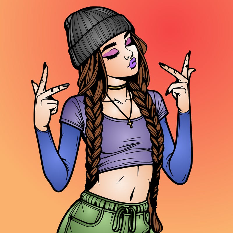 realistic teenage girl with braids and a beanie and crop top doing 🫶🏼