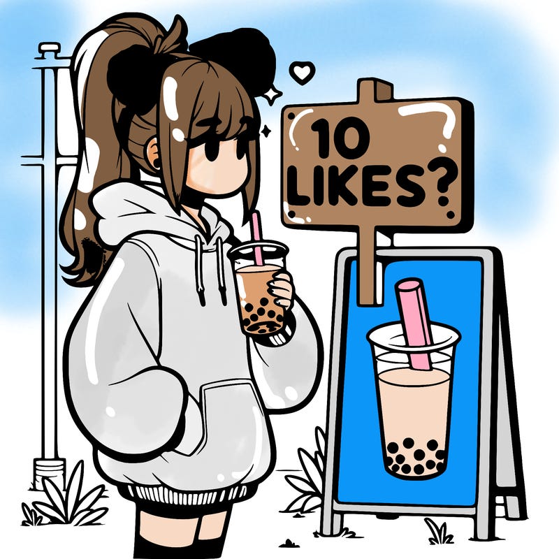 girl with oversized hoodie drinking boba and she has a high ponytail with a sign that says 10likes?