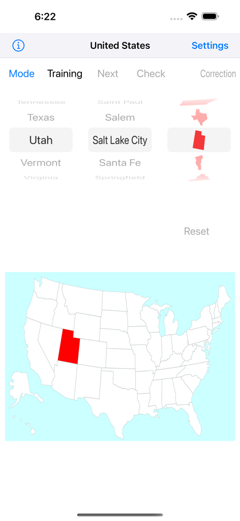 United States-ML - Screenshot des Trainingsmodus der United States-ML App, der den Bundesstaat Utah, seine Hauptstadt Salt Lake City und seinen Standort auf einer Karte der USA rot hervorhebt.
