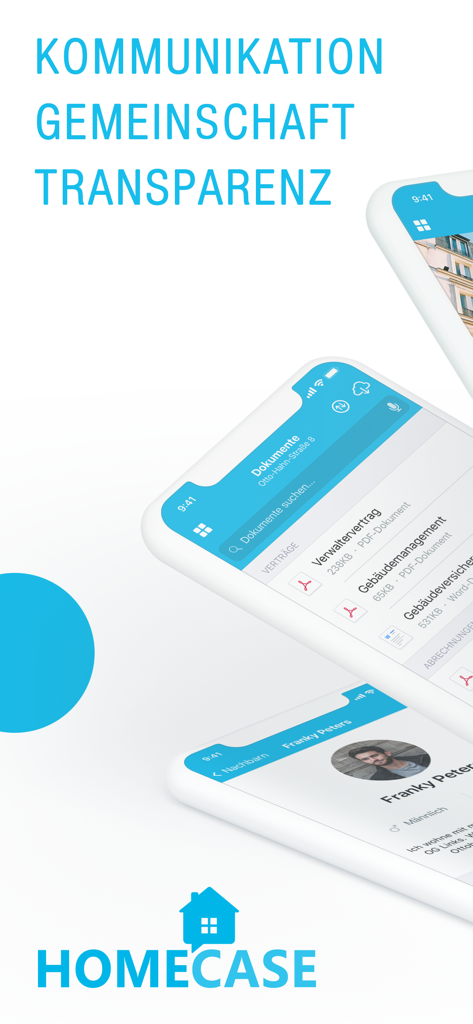 Pantallas de interfaz de la aplicación HOMECASE que muestran la gestión de documentos y las funciones de comunicación comunitaria