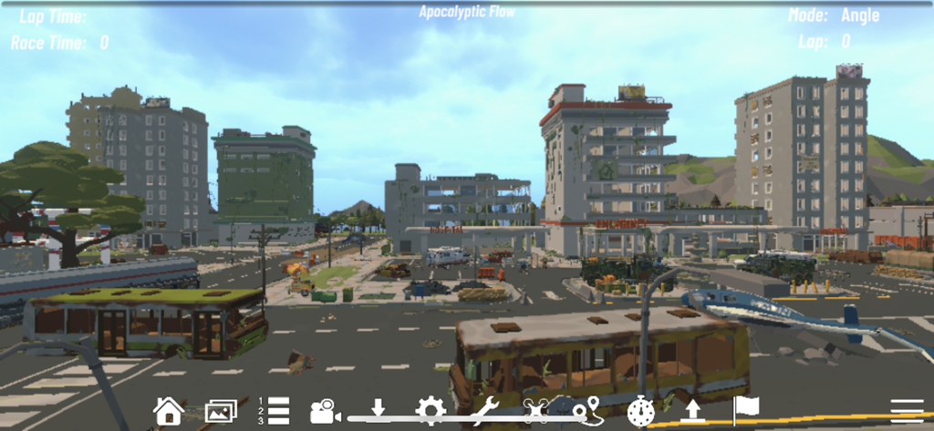 VelociDrone mobile simulator showing the Apocalyptic Flow urban racing track with abandoned buildings and vehicles
