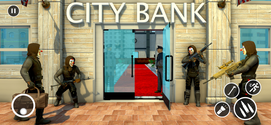 Four masked robbers with guns standing in front of a City Bank entrance.
