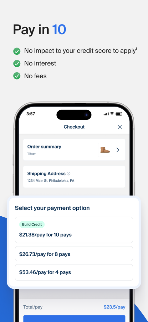 Perpay app checkout screen showing flexible payment plans per paycheck with credit building options