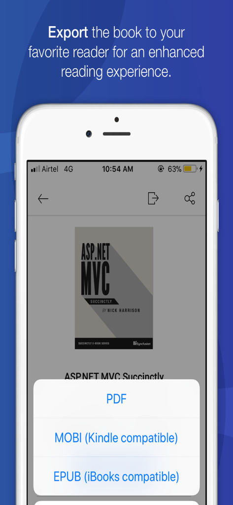 Export options for technical e-books in PDF MOBI and EPUB formats on the Syncfusion Succinctly Series app