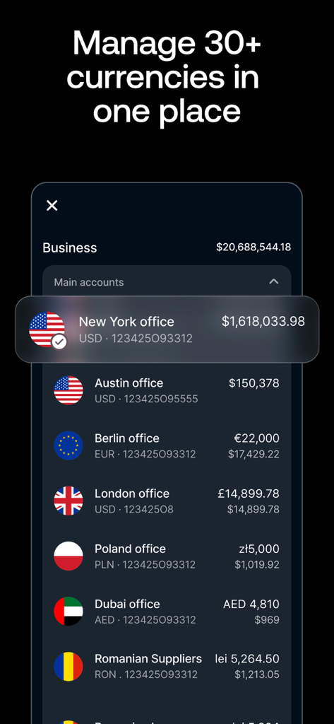Revolut Business app interface showing international accounts in various currencies like USD EUR and GBP