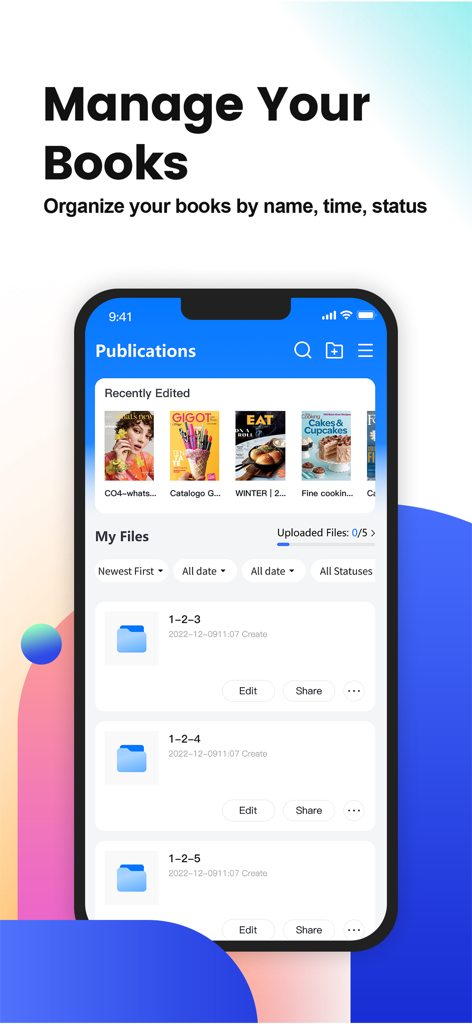 Mobile app interface of FlipHTML5 showing the publications management screen with digital books and folder organization