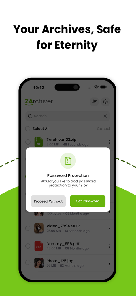Interfaz de la aplicación WinRAR mostrando una solicitud de protección con contraseña para un archivo ZIP en un iPhone