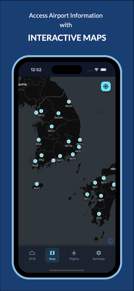 Smartphone screen showing the ATISVIEW interactive map with airport ICAO codes
