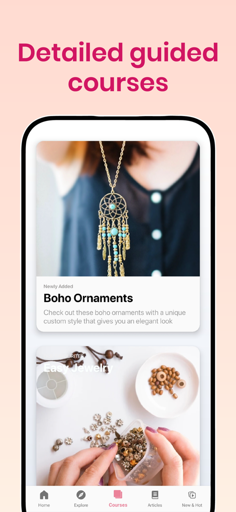 Jewelry Design: DIY Maker App - Mobile app interface showing guided jewelry making courses for boho ornaments and beginner projects.