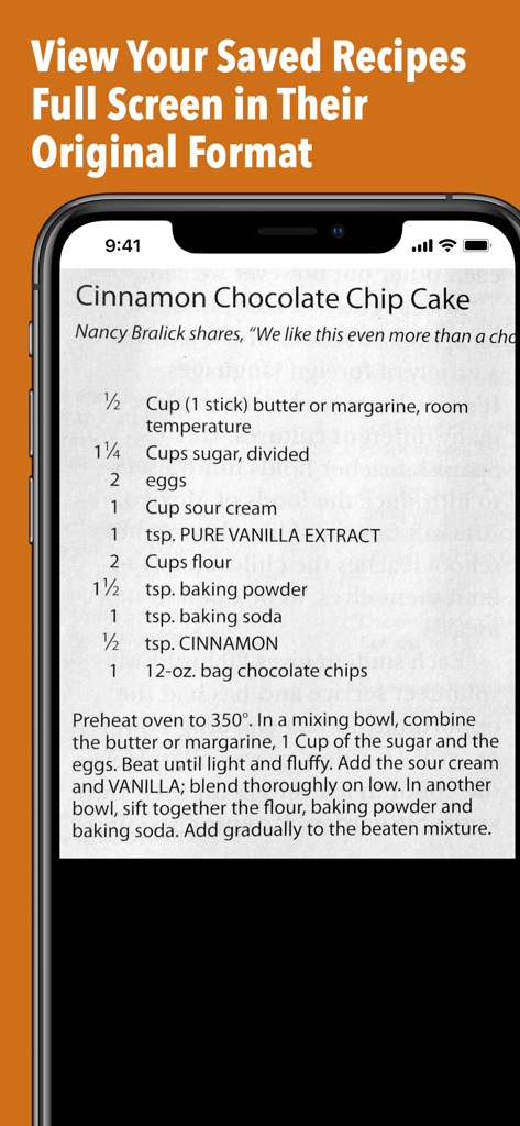 A smartphone screen showing a scanned recipe for Cinnamon Chocolate Chip Cake in its original format