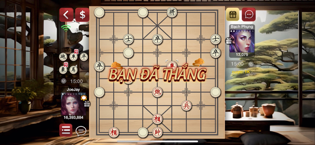 Sanh Rong - Game danh bai - Victory screen on a Chinese Chess board within the Sanh Rong mobile app