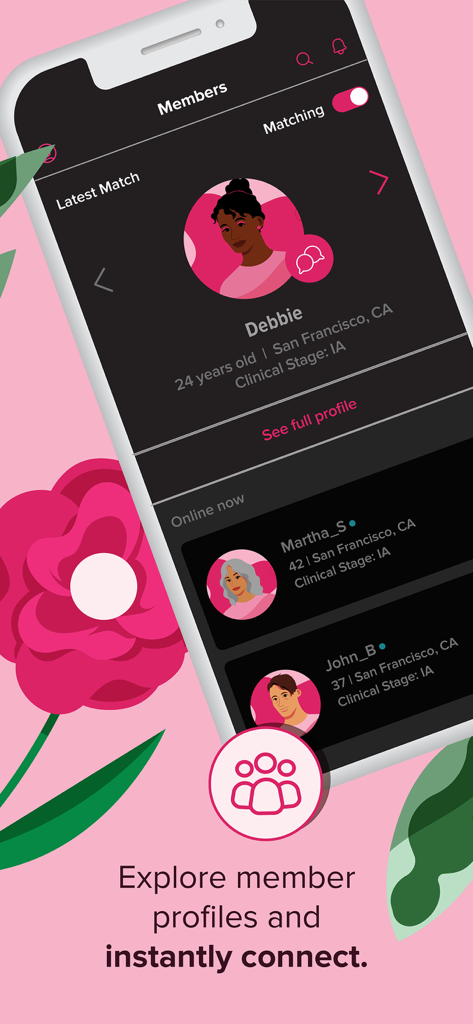 Bezzy Breast Cancer - Pantalla de la aplicación móvil Bezzy Cáncer de Mama que muestra perfiles de miembros y la función de emparejamiento de la comunidad