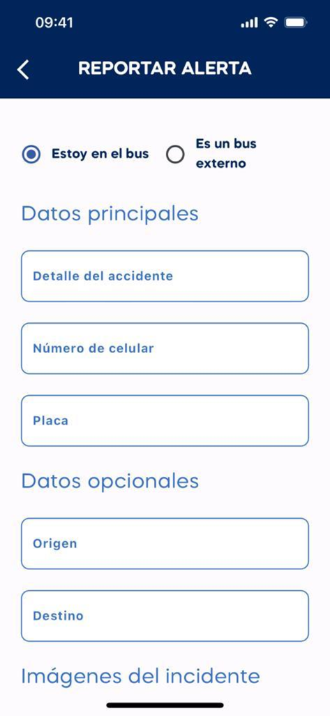 Viaje Seguro Sutran - Pantalla de la aplicación móvil para reportar incidentes y accidentes de viaje, incluyendo campos para matrícula y detalles del viaje
