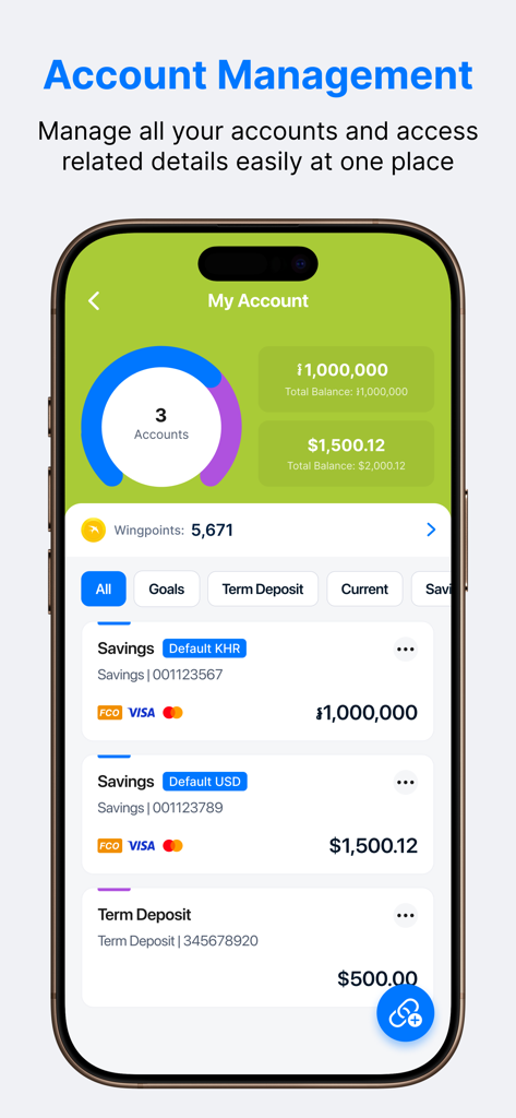 Wing Bank app dashboard displaying dual currency savings and term deposit accounts in USD and KHR