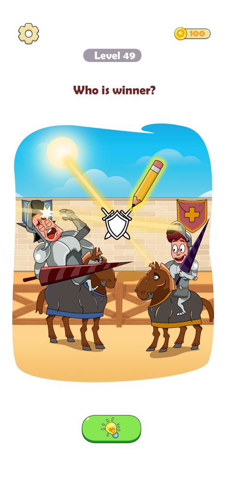 Draw Funny Story: DOP Puzzle - A cartoony logic puzzle level from Draw Funny Story showing two knights jousting where the player must draw a missing part to solve the scenario.