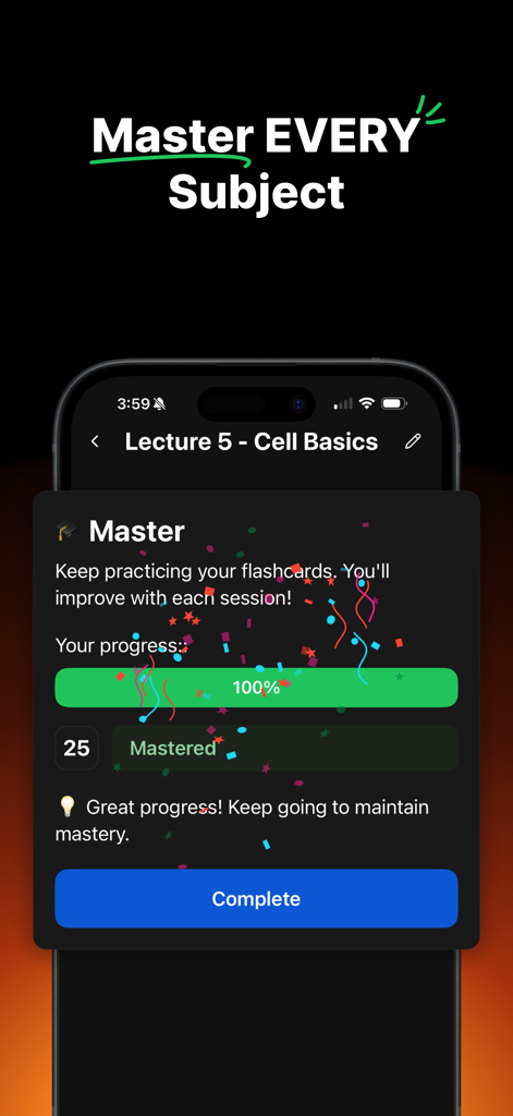 A smartphone display showing the Studley AI app with a 100 percent mastery completion screen and celebratory confetti for a biology lecture study set.