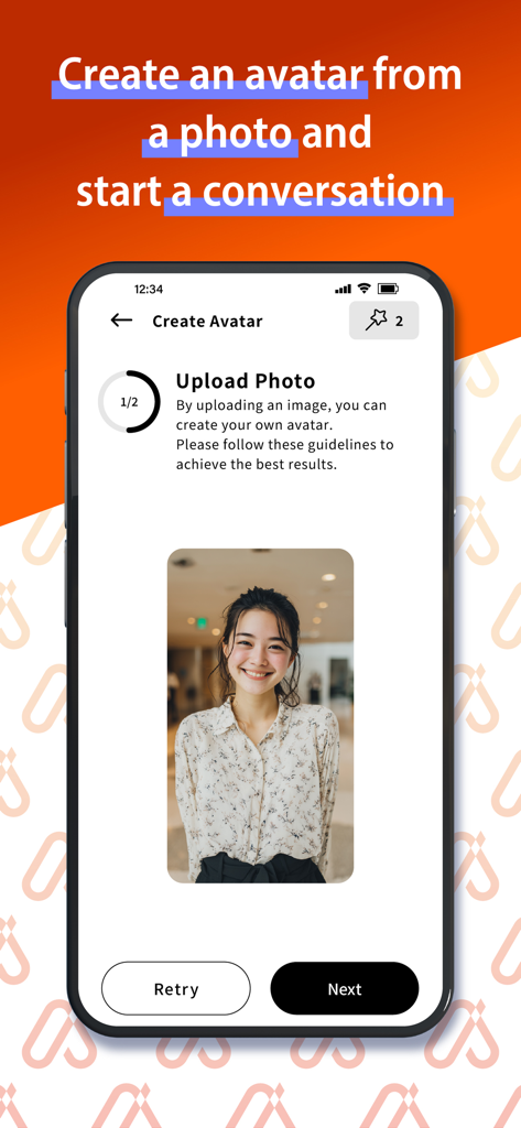 A mobile phone screen showing the upload photo step to create a custom AI avatar.