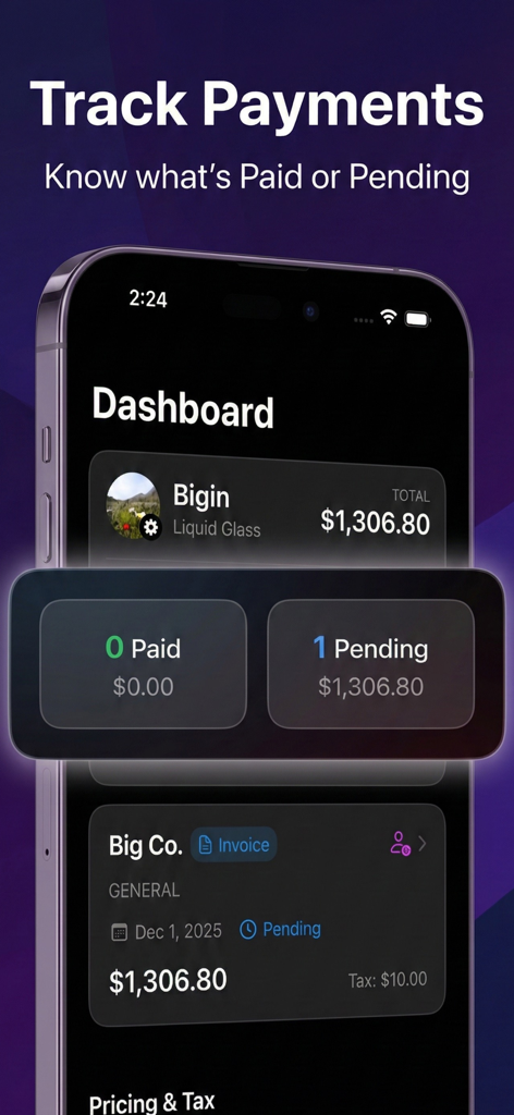 Interfaz de panel de control móvil que muestra resúmenes de pagos de facturas pagadas y pendientes.