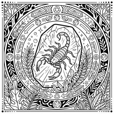 Embark on a captivating coloring journey with our Amber Scorpion and Earth Day design. This intricate page beautifully combines the marvel of ancient preservation with a powerful message of environmental care, perfect for conscious colorists.