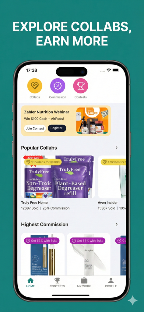 Euka Creator 앱 대시보드에 인기 브랜드 협업 및 콘텐츠 크리에이터를 위한 제휴 수수료 기회가 표시됨