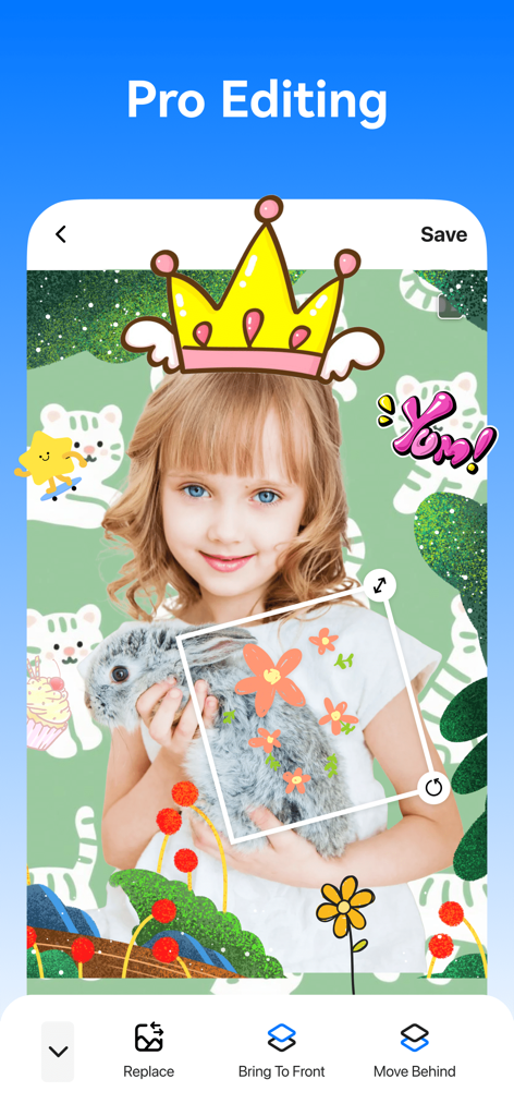 MagicCut - Pro Cutout Master - MagicCutアプリのインターフェース。女の子とウサギの写真にクリエイティブなステッカーを使ったプロ編集機能を表示