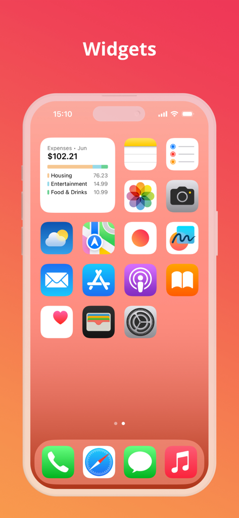 Axia - Budget Tracker - Axia budget tracker widget on iPhone home screen showing monthly expenses by category