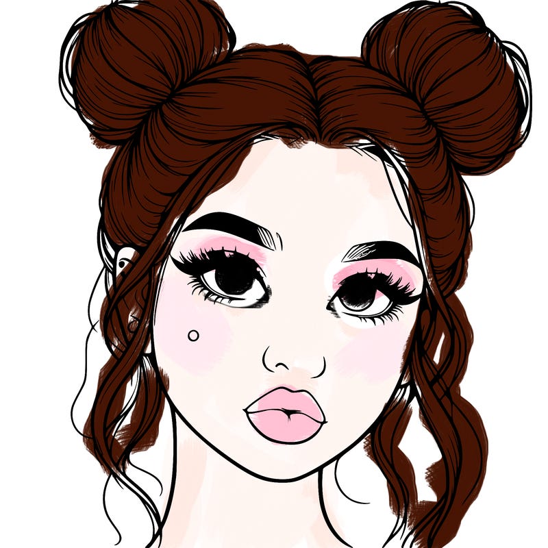 realistic girl with two buns on her hair and lips