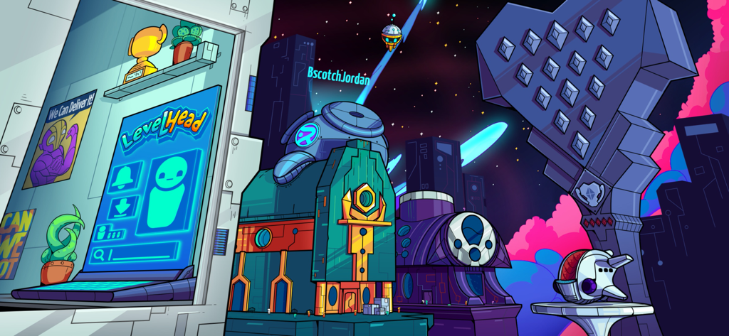 Paisagem de ficção científica colorida com edifícios estilizados e um terminal mostrando o personagem robô de Levelhead
