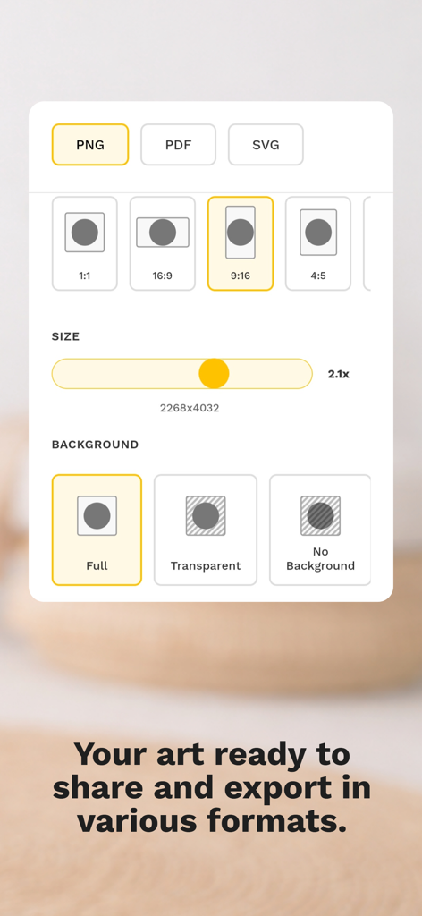 Export options and settings screen in the Make it Mandala app showing format and background choices