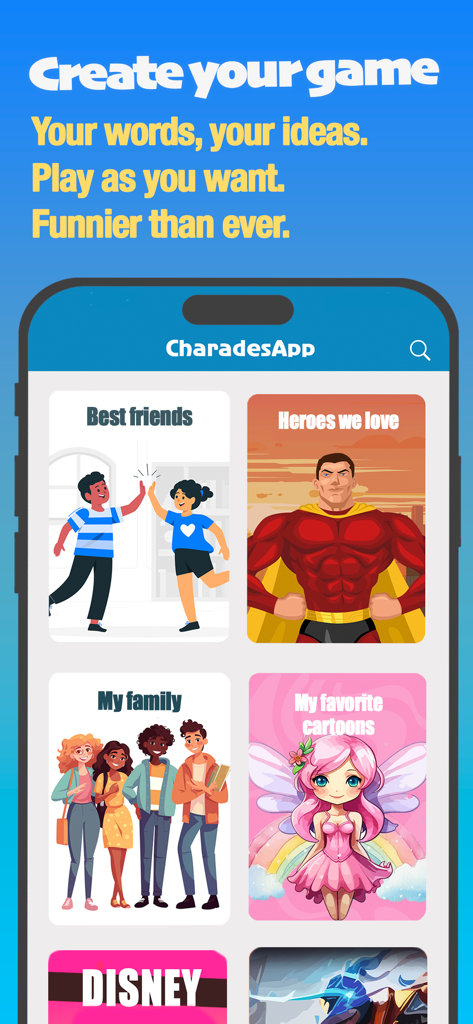 Charades & Headbands Game - Charades app interface showing the create your game feature and various card decks like heroes and cartoons