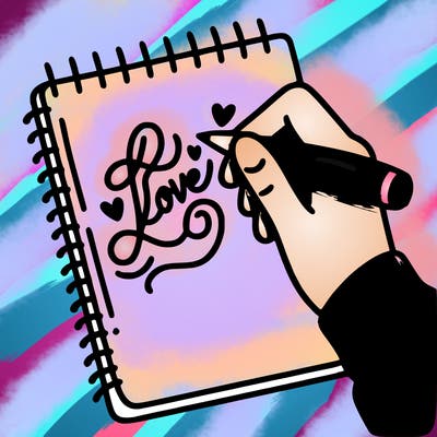 a hand writing “love” in calligraphy on a notebook