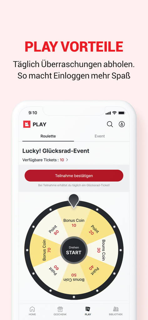 Interfaz de la app LEZHIN DE mostrando un evento de rueda de la fortuna para ganar monedas y puntos extra diariamente