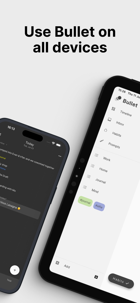 Interfaz de la aplicación Bullet Journal mostrada tanto en un smartphone como en una tablet para demostrar la sincronización entre dispositivos.