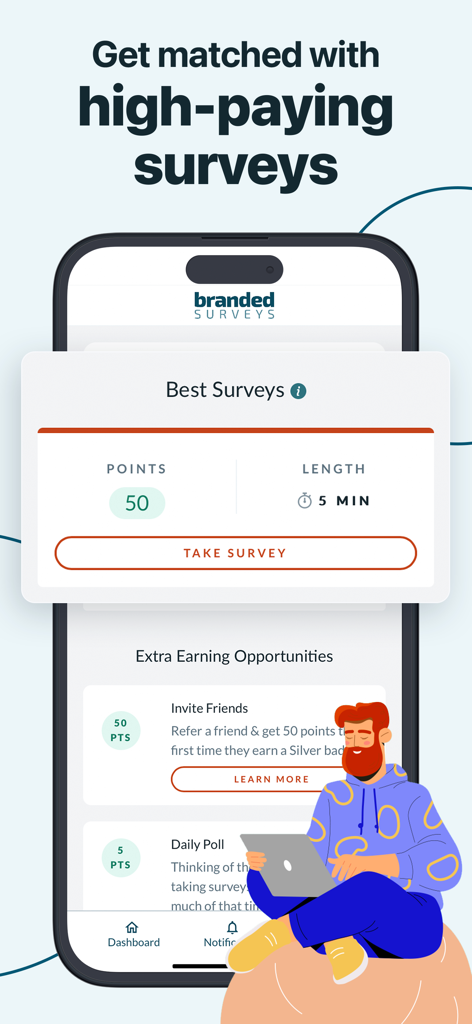 Branded Surveys: Paid rewards - Branded Surveys mobile App-Dashboard, das übereinstimmende Umfragen und das Sammeln von Punkten für Prämien anzeigt