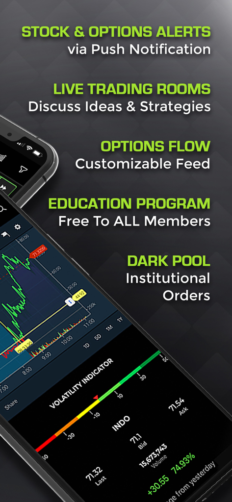 BlackBoxStocks mobile app interface displaying stock charts, volatility indicators, and key features like options flow and dark pool alerts.
